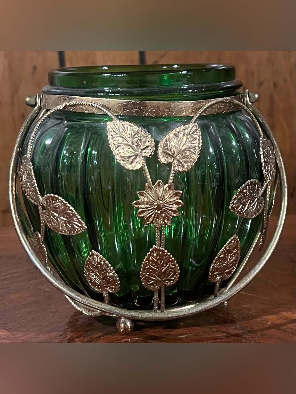 Green Glass Vase/Bowl with Decorative Gold Leaf Metal Overlay ht 5”